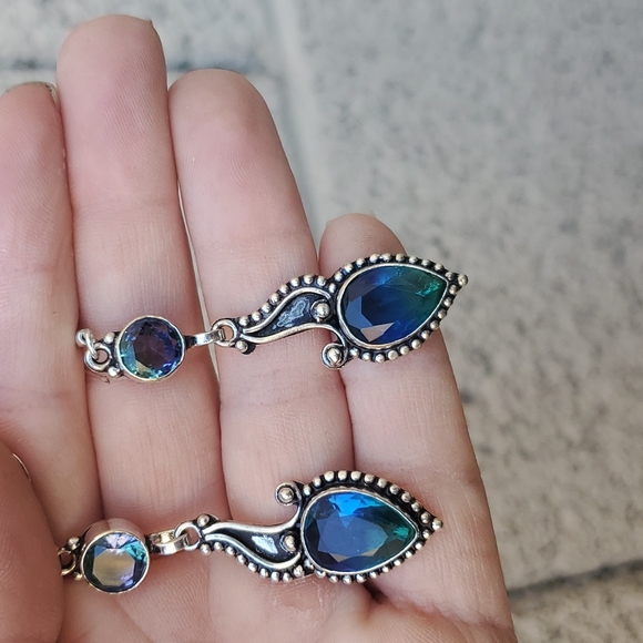 New Bi-Color Tourmaline & Blue Topaz 925 Silver Earrings. - Picture 7 of 15